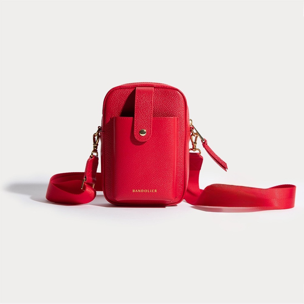 Bandolier Dillon Red Crossbody Bag with Adjustable Strap and Gold Accents